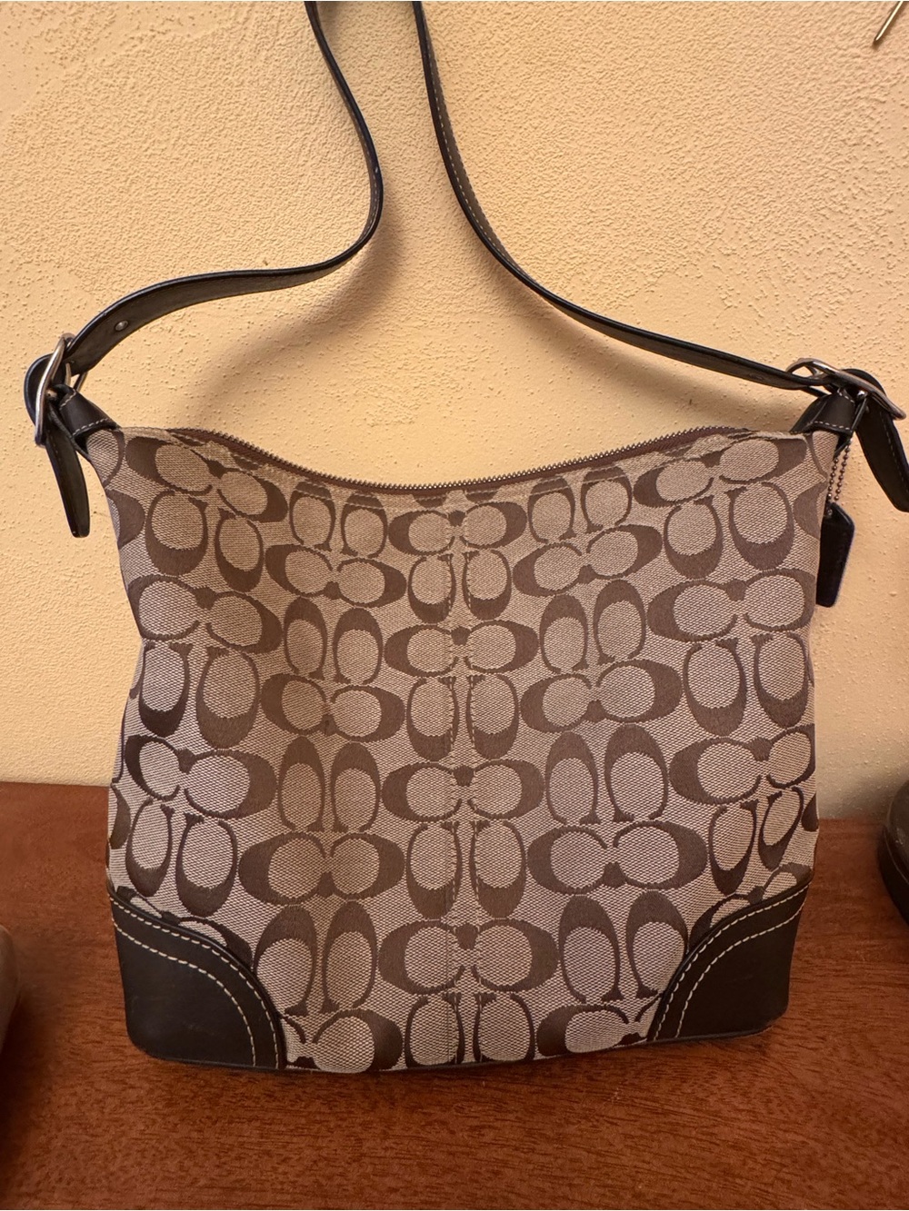 Coach Brown Signature Canvas Shoulder Bag with Dark Leather Trim